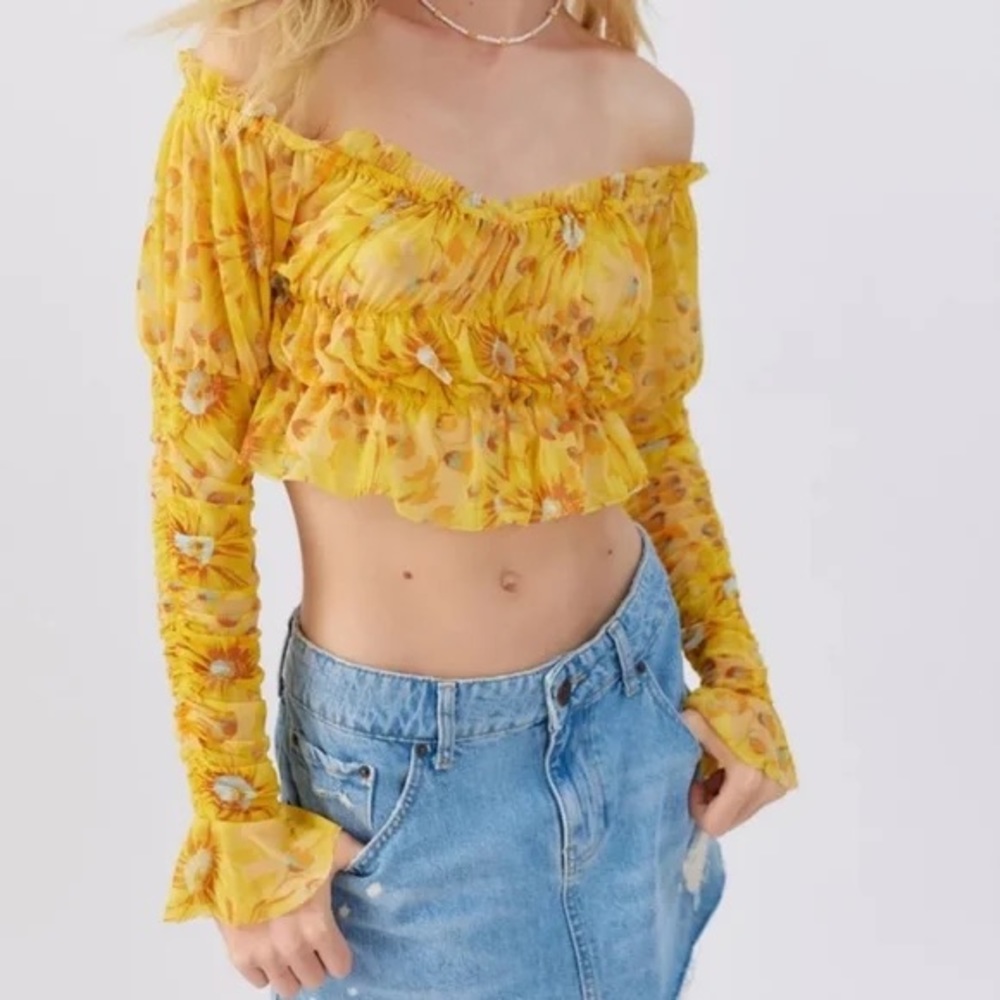 NWT Urban Outfitters Sheer Mesh Sunflower Off the Shoulder Crop Top XS